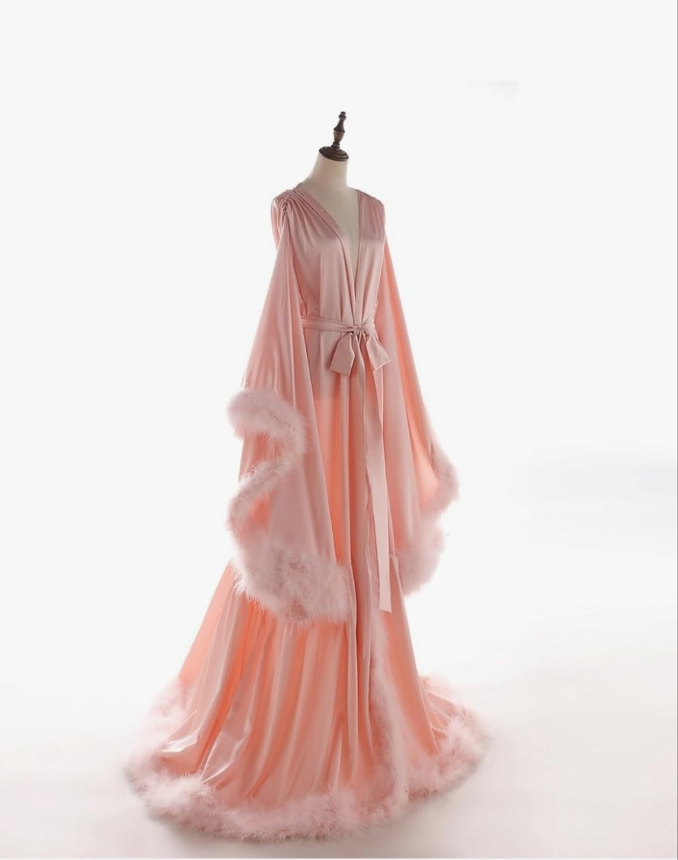 Silk Feather Bridal Robes Old Hollywood Photoshoot Nightgown Silk Bathrobe Long Lingerie COCOMONEY