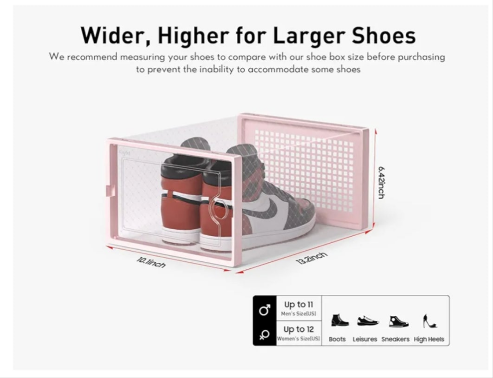 Pink X-Large Shoe Storage Boxes Organizers Clear Plastic Stackable 12 Pack, Shoe Rack & Holder Substitute, Sneaker Containers, Toy Storage Organizer Bins for Entryway, Closet, Under Bed,