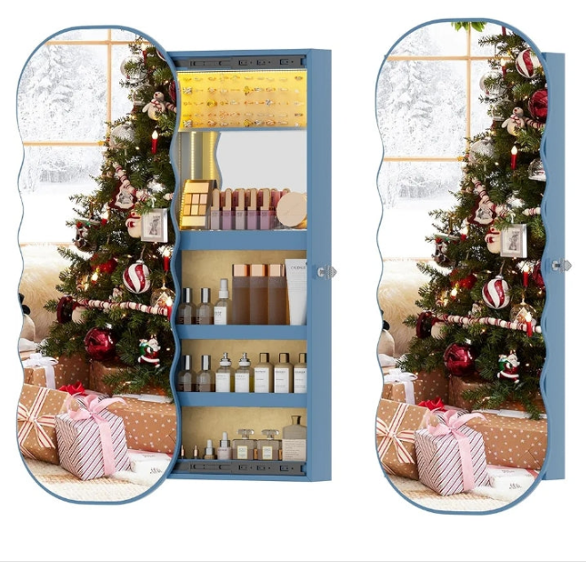 Jewelry Cabinet Door Hanging, LED Wavy Mirror Wall Mounted Jewelry Organizer, Over The Door Mirror With Storage, Lockable Jewelry Armoire with Full Length Mirror,