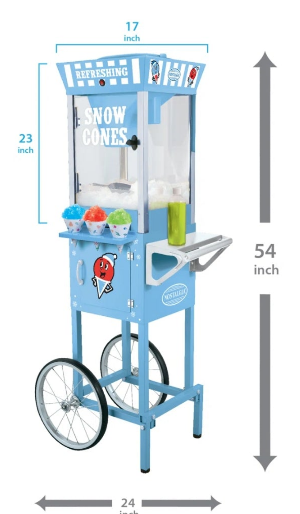 Tall Snow Cone Cart, Makes 72 Icy Treats, Includes Metal Scoop, 2 Syrup Bottles, 100 Paper Cups/Spoons, Storage Compartment, Wheels For Easy