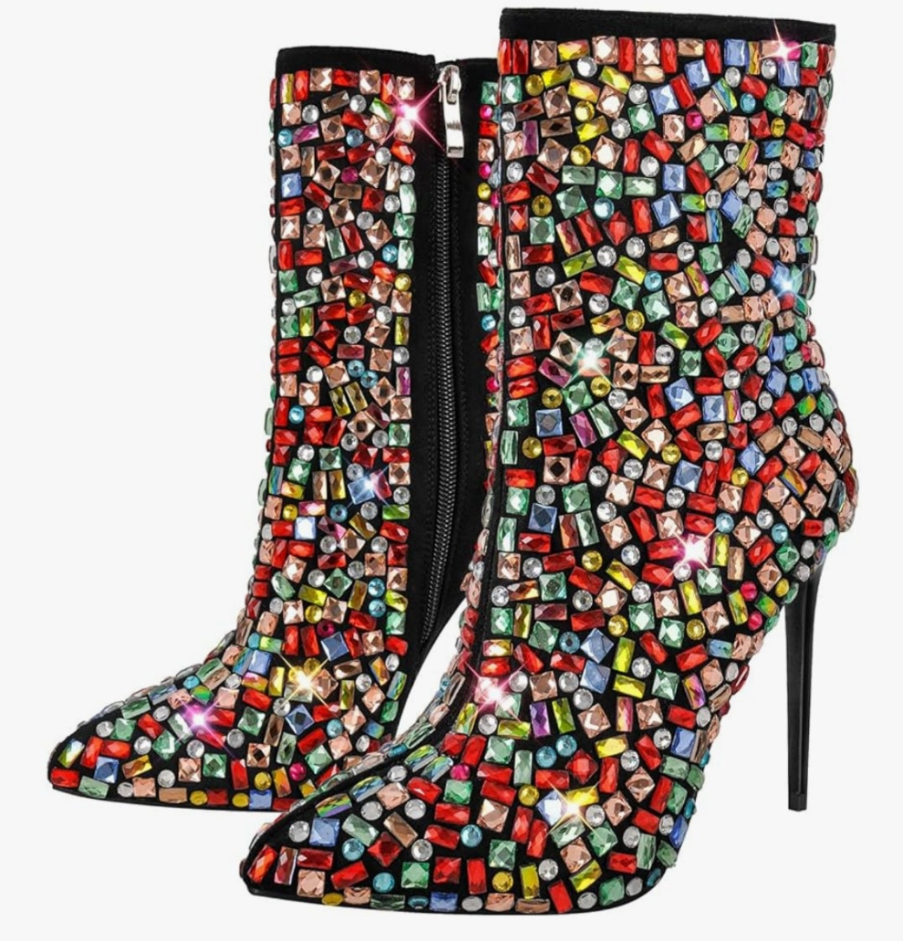Rhinestones Studded Sparkly Slim High Heels Side Zipper Ankle Boots