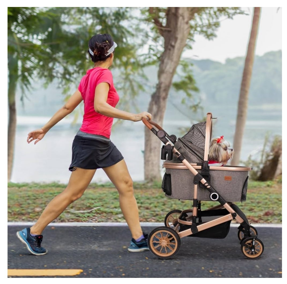 Pet Stroller with 4 Wheels, Foldable Pet Travel Carrier for Small/Medium Dogs Cats up to 50lbs, Detachble Portable Pet Bag, Storage Basket, Car Seat 3 in 1 Multifunctional