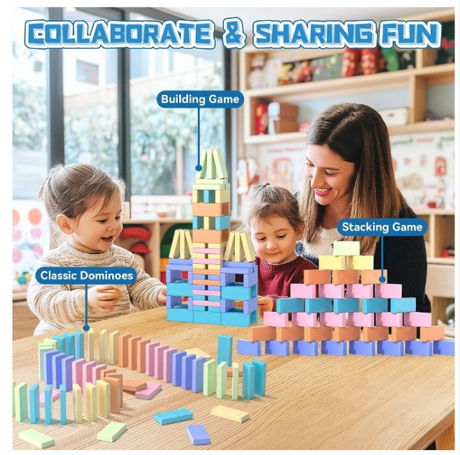 VigorFun 1000+ PCS Dominoes Set for Kids - Wooden Dominos with Extra Blocks and Storage Bag, Building Stacking Game Toys for 3+ Year Old Boys Birthday Gifts