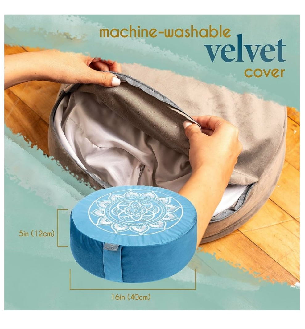 Meditation Cushion - Comfortable Floor Pillow - Traditional Tibetan Meditation Pillow with Beautiful Velvet Cover - Large Floor Cushion Seating for Adults - Premium Yoga Buckwheat Bolster