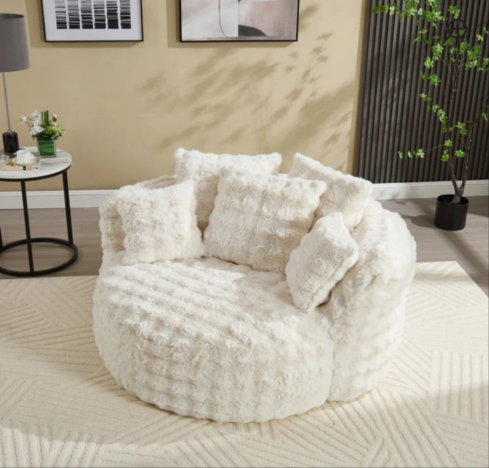 Oversized Faux Fur Round Barrel Accent Chair Pillow Back Large Sofa Chair, No Assembly Required