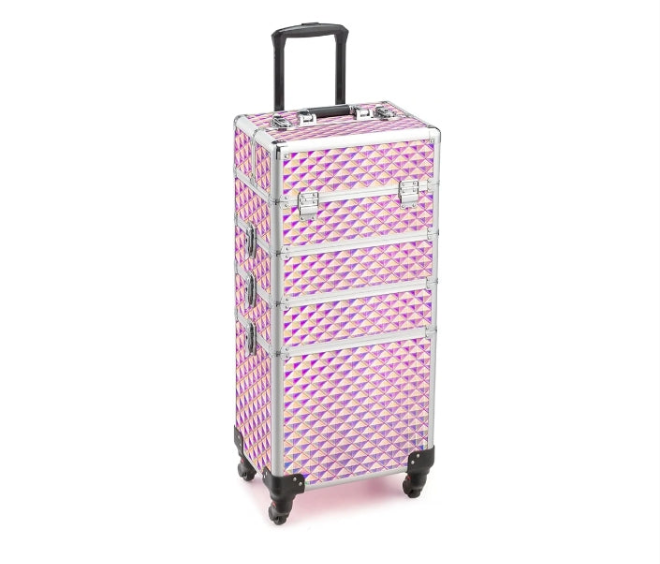4 in 1 Rolling Makeup Train Case, Aluminum Makeup Travel Organizer Cosmetic Case, Cosmetology Display Suitcase on Wheels, Beauty Storage Luggage Lockable w/4 Removable Wheels