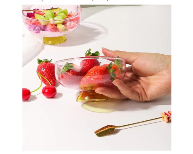 Glass Dessert Bowls Set of 6 Ice Cream Bowl 8.5oz with 6 Gold-Plated Spoons Decorative Microwave Safe for Fruit Snack Candy Glass Bowl Set (Pink)