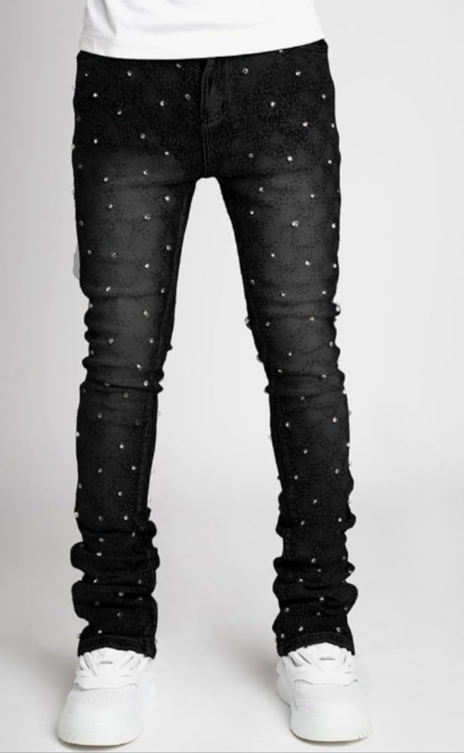 Stretch Fit Skinny Stacked Rhinestone Jeans Slim Fit Printed Y2K Denim Pants Trousers Streetwear