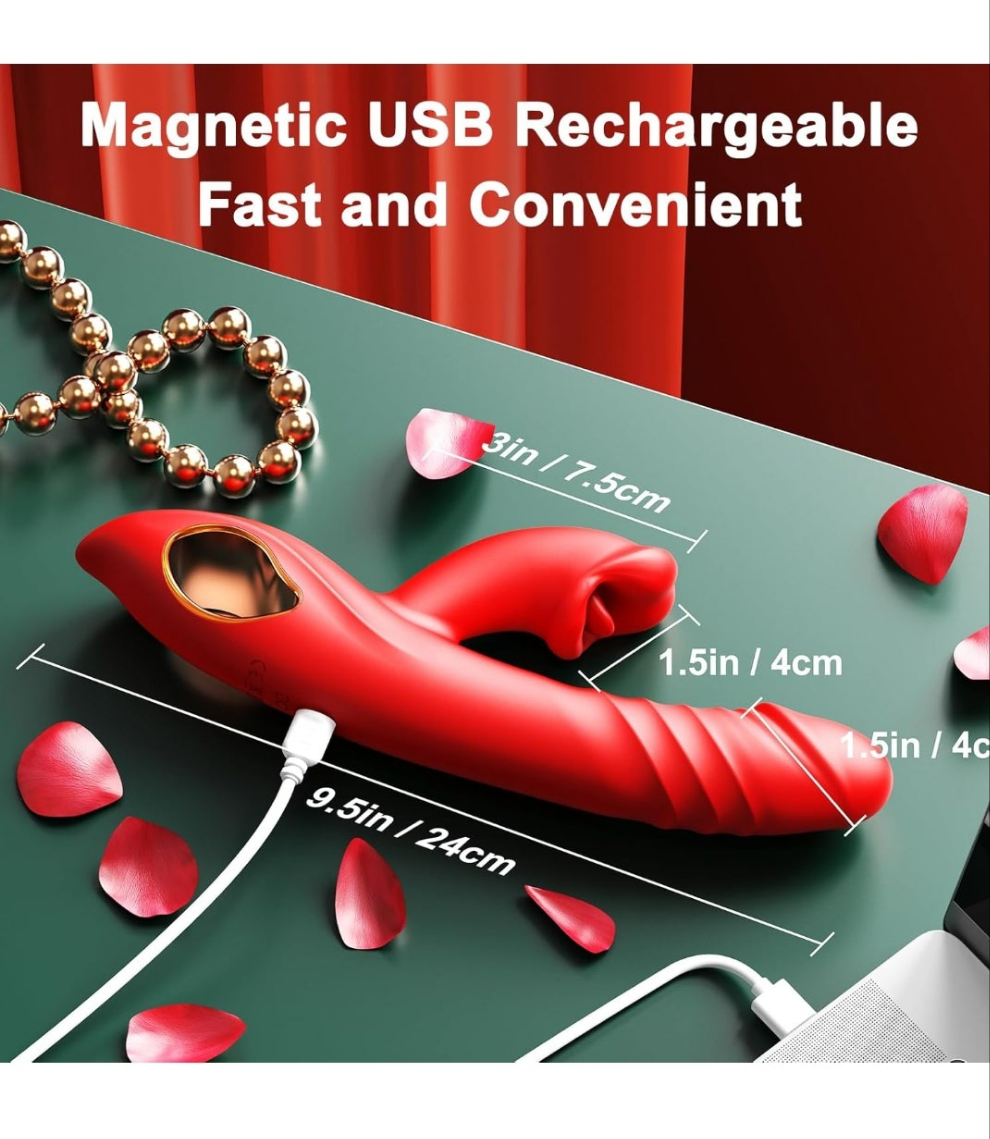 Vibrator Thrusting Dildo Adult Sex Toys, 4IN1 G Spot Vibrators Tongue Clitoral Stimulator Rose Sex Toy Dildos with 10 Vibrating 5 Thrusting & Licking Biting Modes, Nipple Anal Women Couples Sex Toys