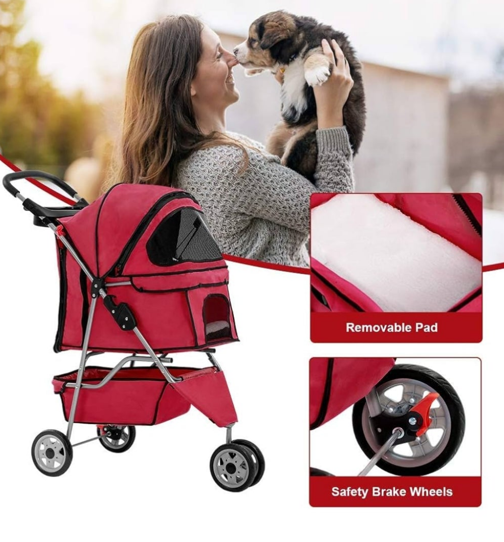 Red Pet Stroller Cat Dog Cage 3 Wheels Stroller Travel Folding Carrier