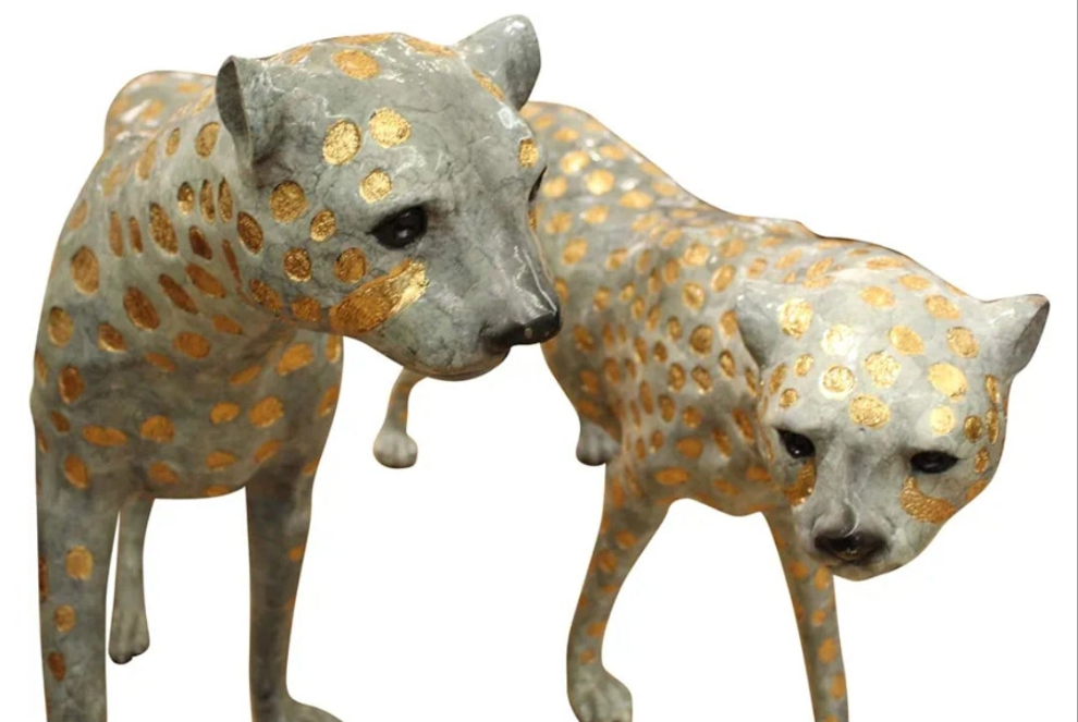 Pair of Golden-Plated Cheetahs Bronze Statue - Size: 58" L x 10" W x 31" H.