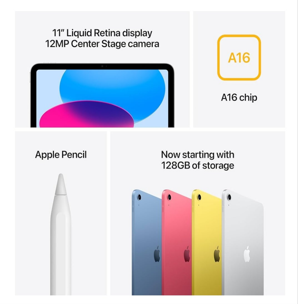 Apple iPad 11-inch: A16 chip, 11-inch Model, Liquid Retina Display, 128GB, Wi-Fi 6, 12MP Front/12MP Back Camera, Touch ID, All-Day Battery Life —