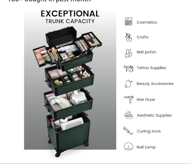 Rolling Makeup Train Case Large Storage Cosmetic Trolley 4 in 1 Large Capacity Trolley Makeup Travel Case with Key Swivel Wheels Salon Barber Case Traveling Cart Trunk