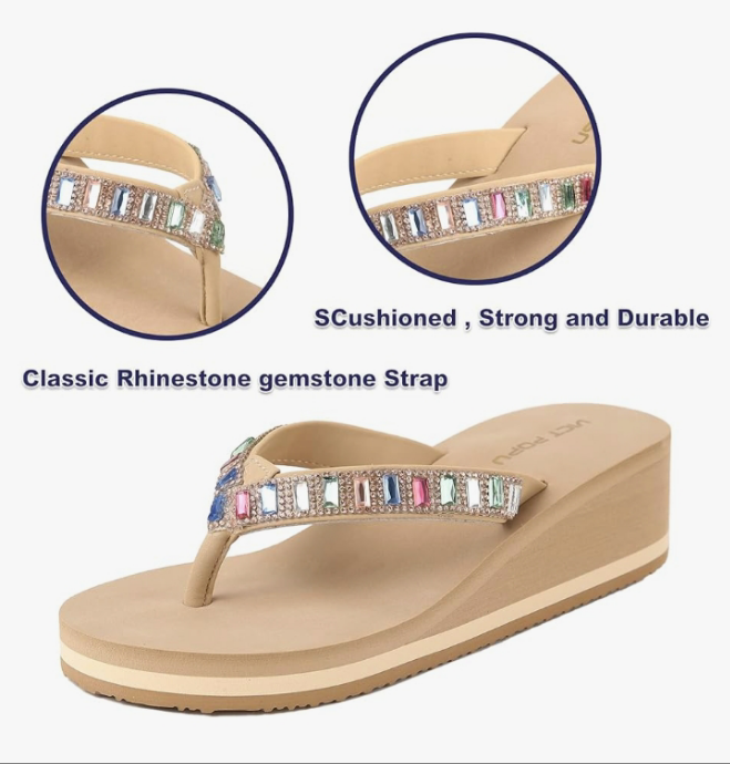 Sandals for Women Bling Rhinestones Jewel High Heel Arch Support Comfortable Soft Cushion Wedge Slip-on Casual Platform Summer Thong Sandals