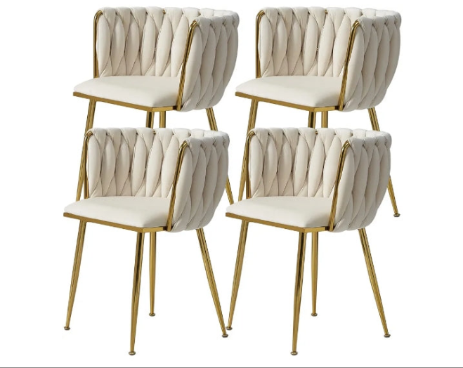 Velvet Dining Chairs Set of 2 Modern with Golden Metal Legs, Woven Upholstered for Dining Room, Kitchen, Vanity, Living Room