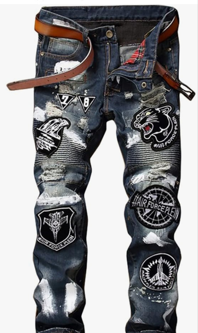 Men's Ripped Straight Slim Moto Biker Jeans
