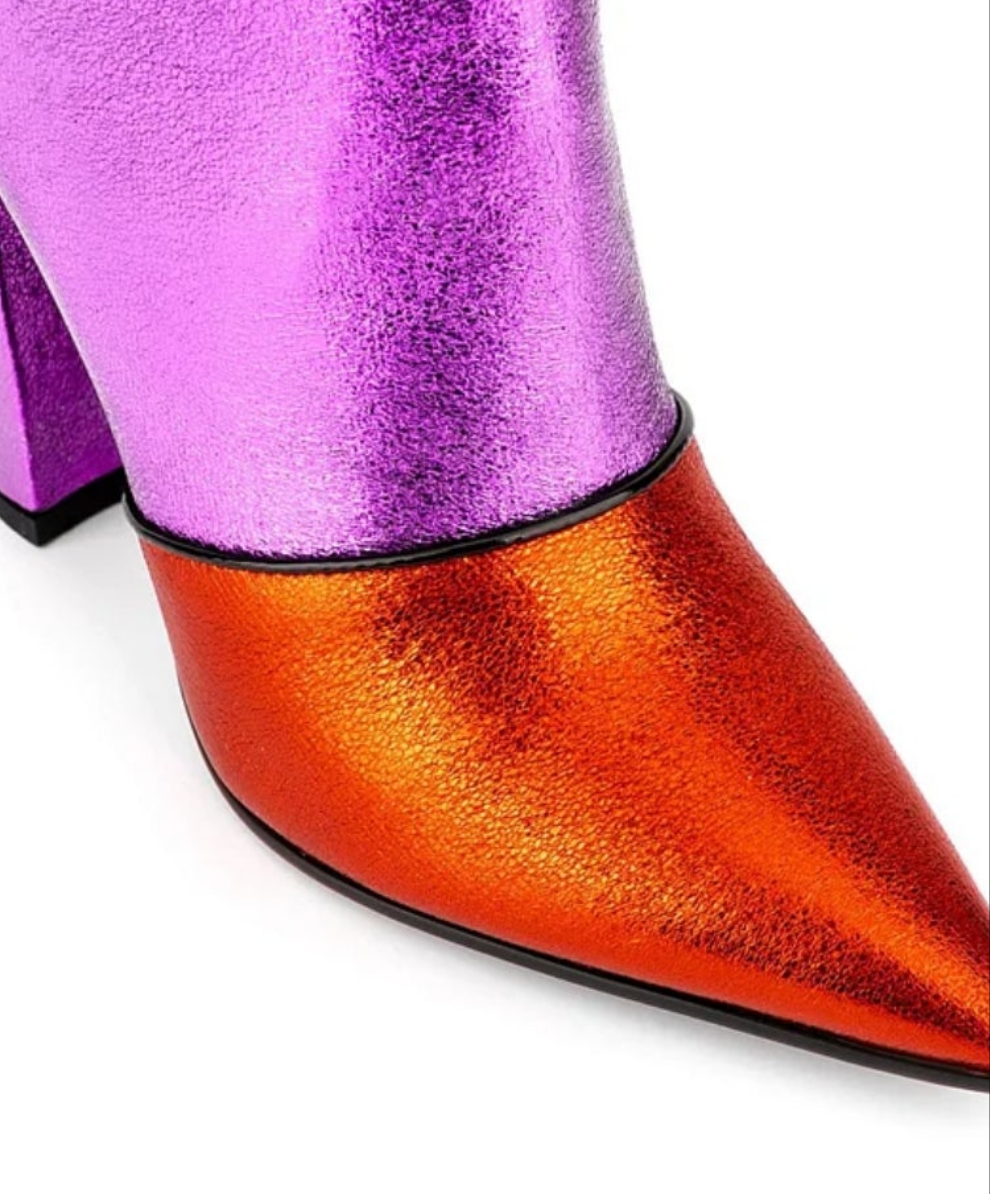 Metallic Colorblock Pointed Toe Chunky Heel Boots-Rainbow