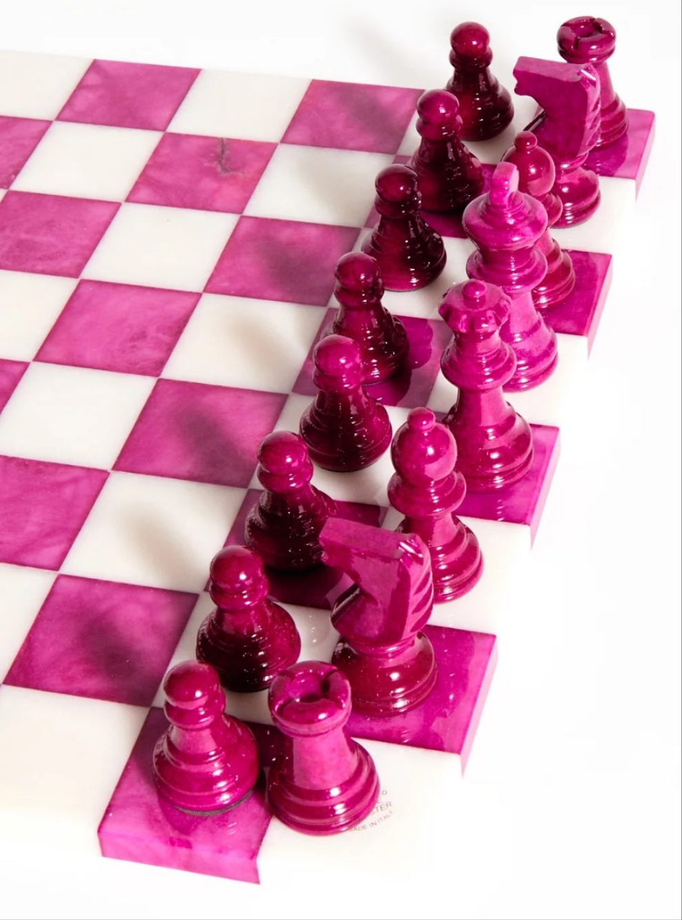 Magenta/White Large Italian Alabaster Chess Set