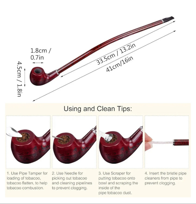 13" Long Churchwarden Tobacco Pipe Wooden Long Stem Smoking Pipe with Gift Box, Pattern Random