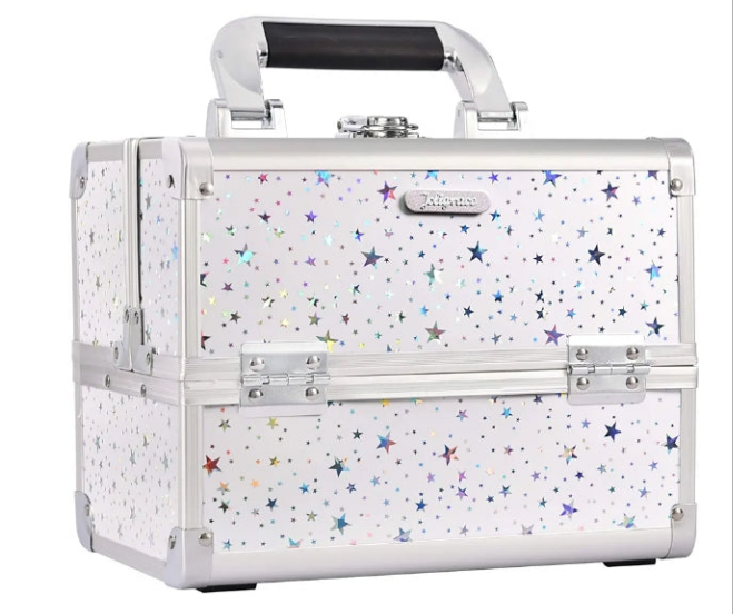 Makeup Train Case Cosmetic Box 2-Tier Tray Jewelry Storage Organizer with Mirror Key Lock Portable Carrying Makeup Box