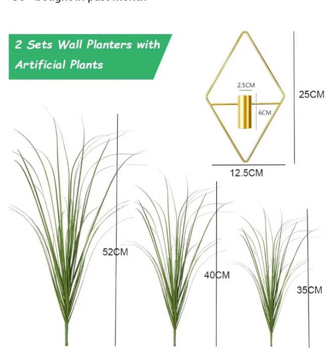 2pcs Diamond Shape Metal Hanging Vase with Artificial Shrubs Wheat Grass Greenery Indoor Plants Holder Wall Decor for Home Living Room Bedroom Office