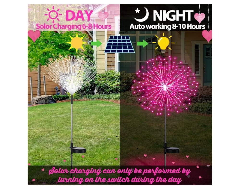 6 Pack pink Solar Firework Lights 180 LED 8 Lighting Modes Waterproof Outdoor Decorative Solar Lights for Easter Wedding Birthday Garden Patio Yard Pathway Walkway Lawn Decor