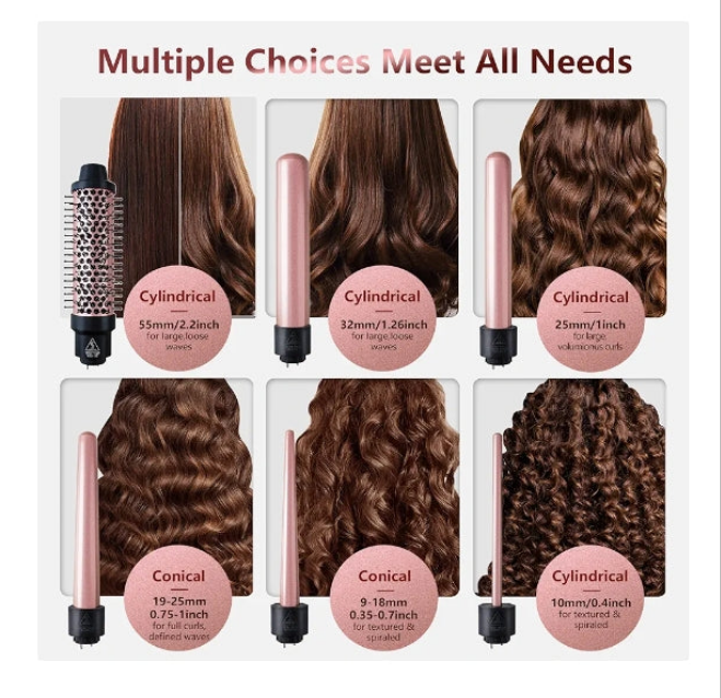 Curling Iron Set, 6 in 1 Hair Curling Wand with Curling Brush and 5 Interchangeable Ceramic Curling Wand(0.35'-1.25') Tourmaline Hair Curler, Instant Heat Up Curling Iron for Long Hair Women