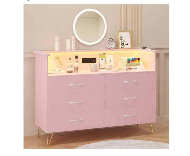 Dresser for Bedroom with LED Light & Power Outet, 6 Drawers Wooden Dressers with 2-Tier Open Space, Modern Chest of Double Wide Drawers for Living Room, Entryway, Hallway TV Stand