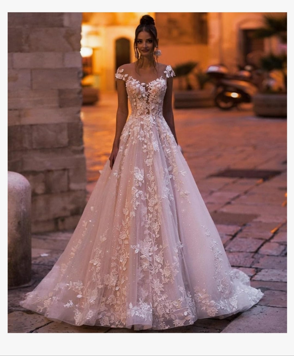 V Back Wedding Dress Sexy Elegant A-Line Glitter Lace Applique Floor Length Long Bridal Gown for Bride