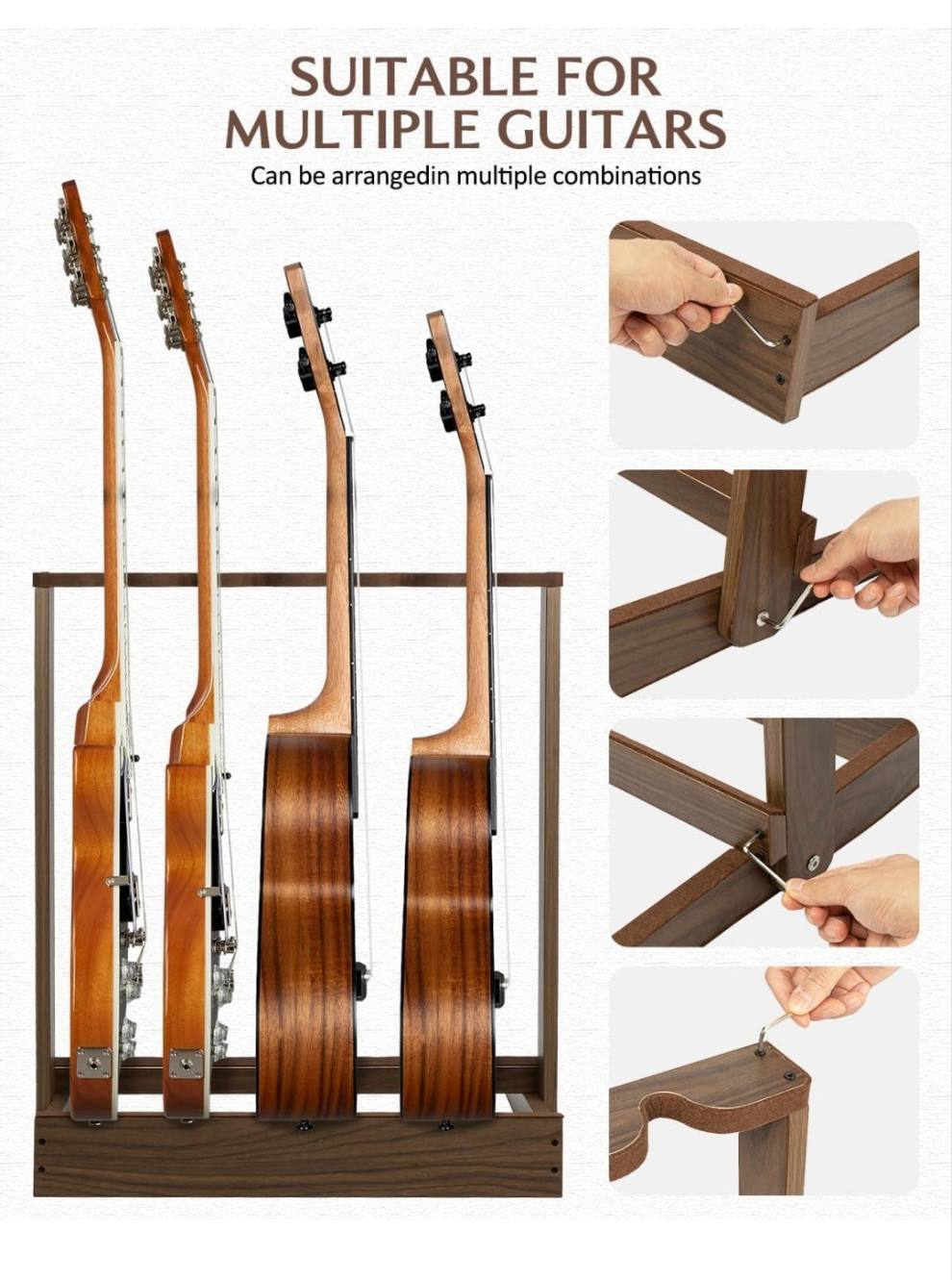 Multiple Guitar Stand, Wooden Folding Guitar Rack for Multiple 3 Acoustic Guitars or 6 Electric Guitar Bass, Padded Floor Guitar Stand for Outing Gigs, Home, Studio, SMT-20-5G