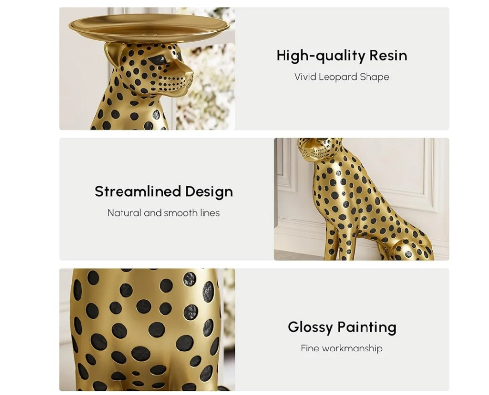 Leopard Statue Side Table with Tray Top– Gold Panther Figurine End Table Art Decor for Home & Gifts