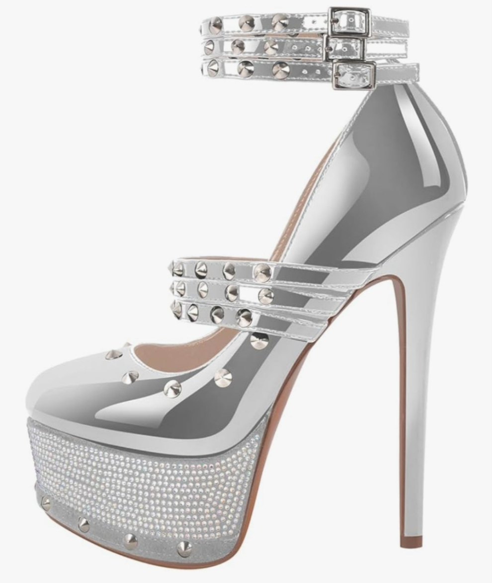 Close Toe Stiletto Platform Mary Jane Pumps for Women Triple Buckle up Rivet Studded Strappy Party Shoes