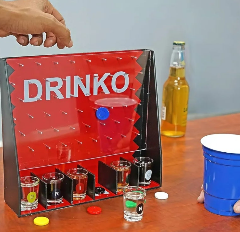 DRINKO Drinking Game - Social Shot Glass Party Fun for Groups & Couples - Multicolor, Glass Shots, Durable Board with Metal Pegs - The Ultimate Party Starter!