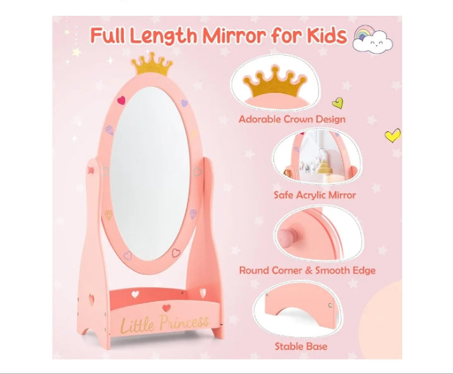 Princess Floor Free Standing Mirror w/Storage Shelf, 360 Degree Rotatable Oval Dressing Mirror w/Cute Crown Pattern for Little Girls Bedroom, Playroom, Pink