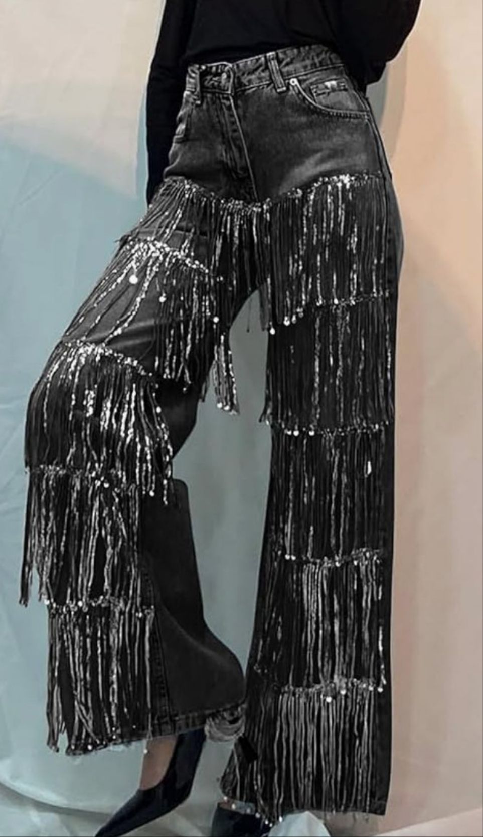 High Waisted Sequin Fringe Jeans Baggy Wide Leg Glitter Sparkly Tassels Denim Pants Trousers