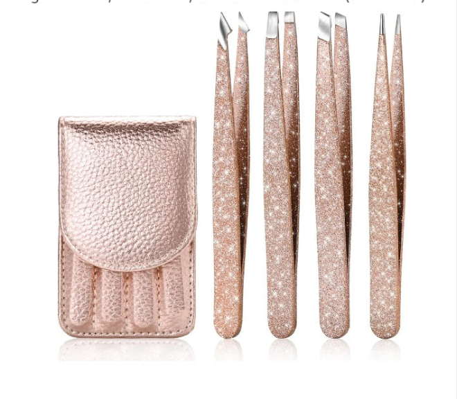 Glitter Tweezer Set 4-Piece Professional Stainless Steel Tweezers for Men and Women, Precision for Eyebrows, Ingrown Hair, Facial Hair, and Lash Extensions