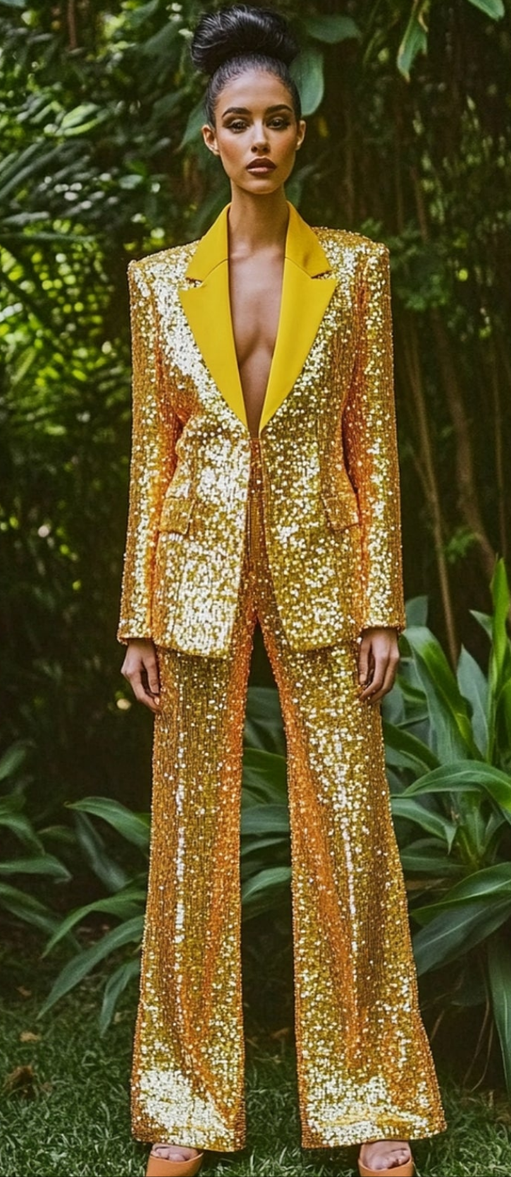 Sequined Blazer Two Piece Pant Suit-Yellow COCOMONEY