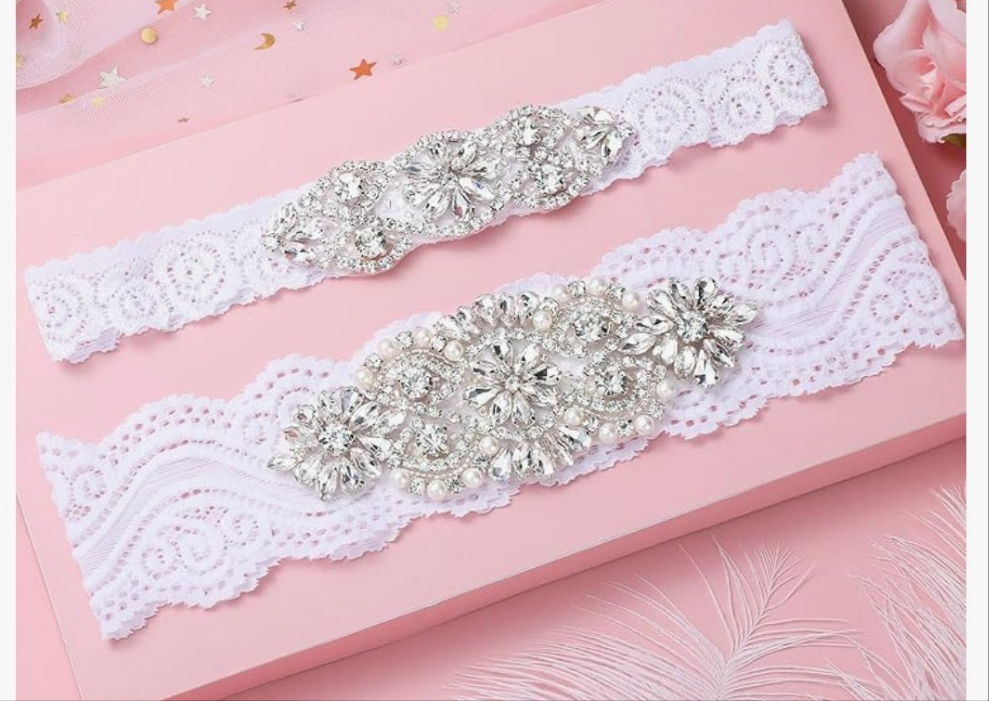 Stretch Lace Garter for Bride Wedding Bridal Leg Garter Set Non Slip Silicone Thigh with Rhinestones Crystal