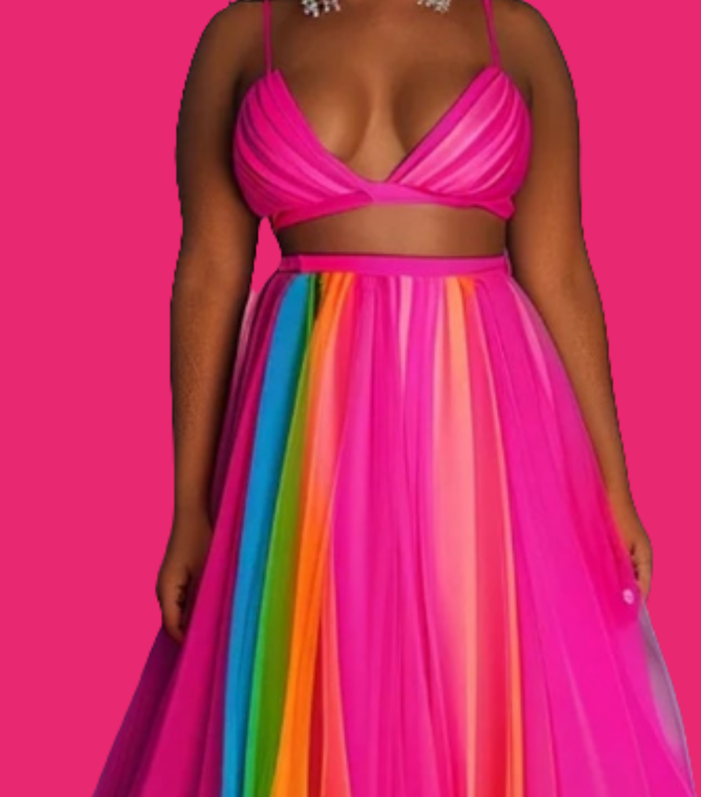 V Neck Cami Crop Top High Waist Maxi Skirt Matching Set-Fuchsia multicolor COCOMONEY