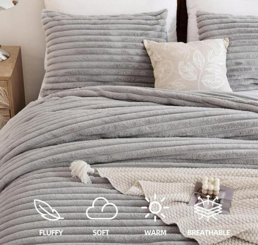 Fluffy Queen Comforter Set 3 Pieces - Fleece Fluffy Comforter Queen Set, Luxury Fuzzy Queen Bed Set, Soft & Warm Bed Comforter Queen All Season, Heavy Queen Bedding With 2 Pillow Cases 90×90inches