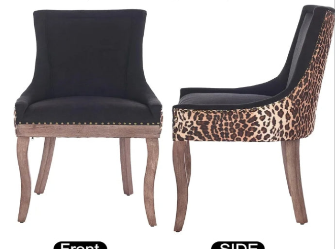 Upholstered Side Chairs Set Farmhouse Solid Wood Kitchen Dining Room Chairs with Nailheads Legs (Black and Leopard Print)