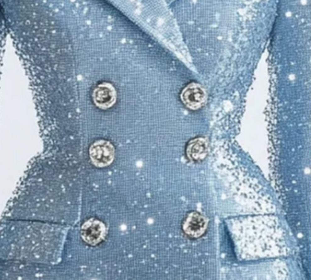 COCOMONEY Lapel Double-Breasted Sequin Mini Dress-Light Blue