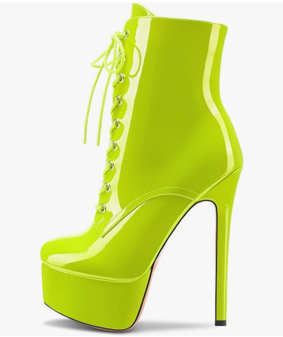 Women Ankle Boots Short Bootie Platform Stiletto High Heel Round Toe Dress Shoes Lace-up Patent 6.5 Inch