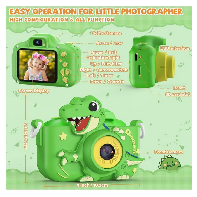 48MP Kids Camera for Girls Boys 3-12, Video Selfie Camera-Christmas Birthday Dinosaur Gift for Toddler, HD Digital Camera Toy for Child with 32GB SD Card & Silicone Cover