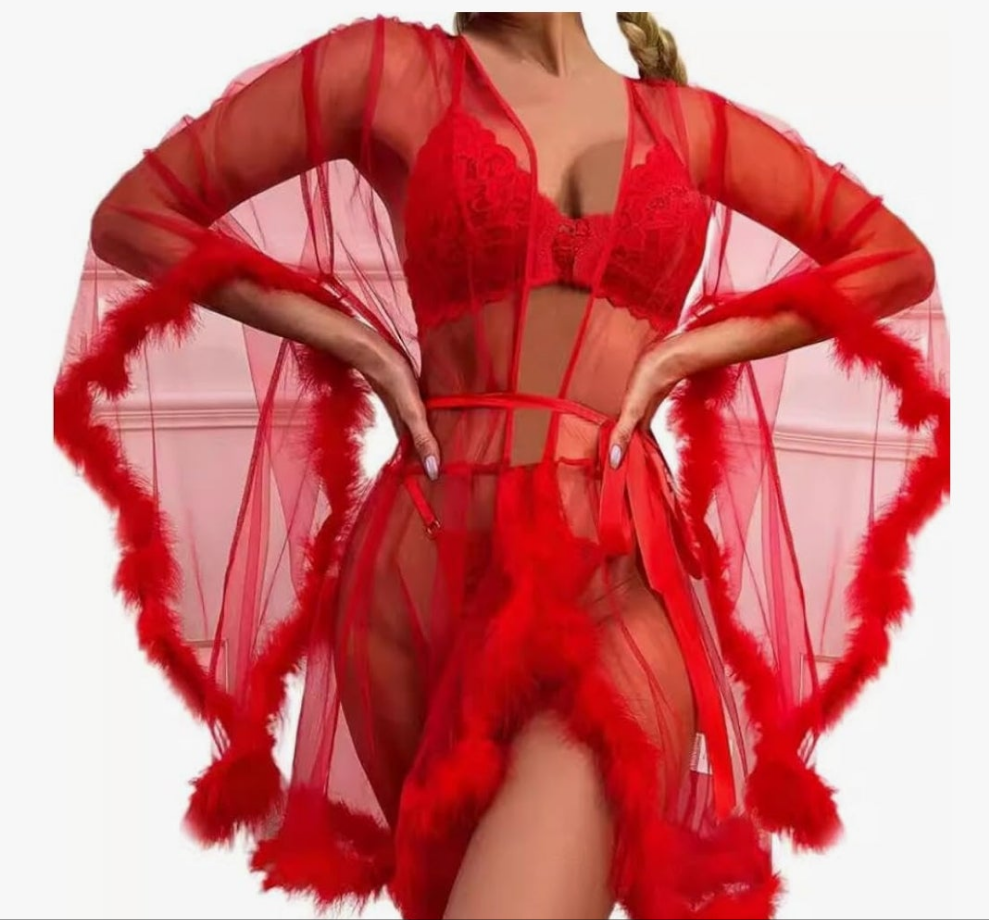 Sexy Tulle Feather Robe Sheer Mesh Fur Illusion Robe Nightgown Bridal Lingeries Gift Women Feather Trim Cocomoney