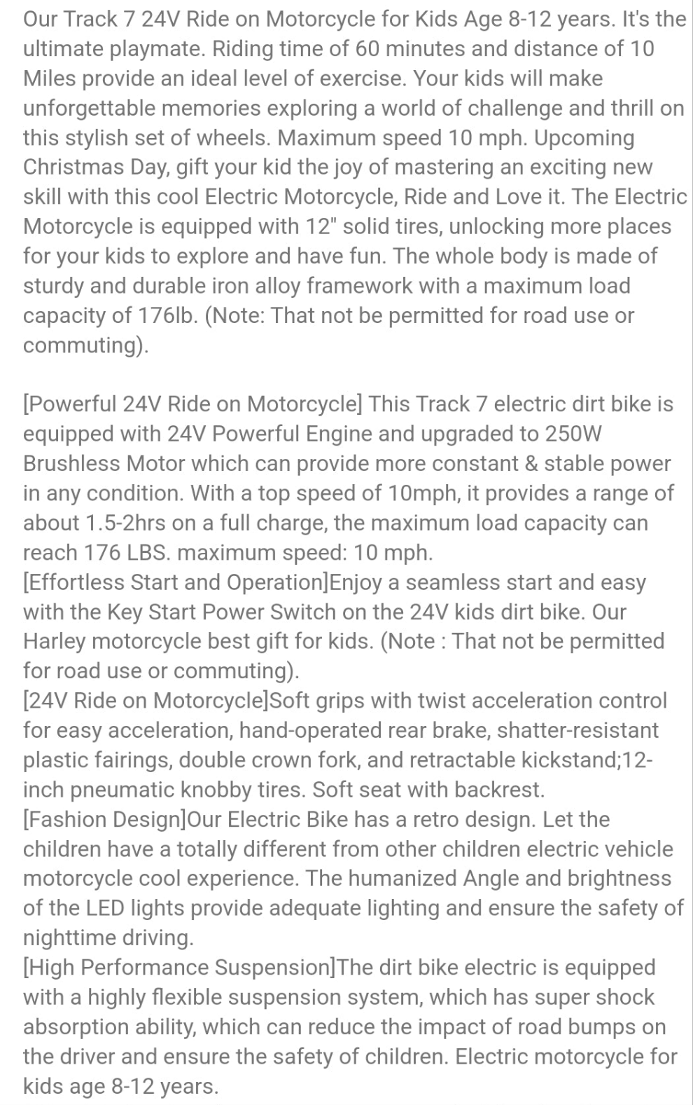 Track 7 24V Electric Dirt Bike For Kids, Ride On Motorcycle With Twist Grip Throttle, Hand-Operated Dual Brakes, Speed Up To 10 MPH, For Age 8-12