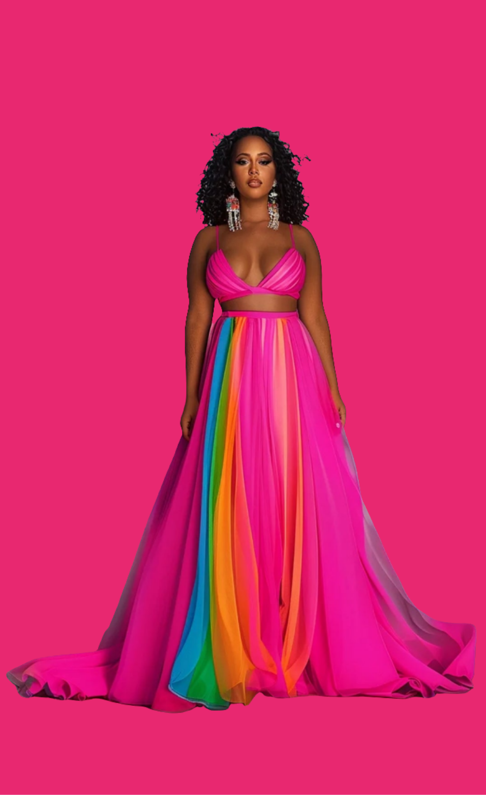 V Neck Cami Crop Top High Waist Maxi Skirt Matching Set-Fuchsia multicolor COCOMONEY