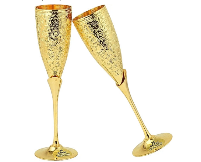24K Gold Plated Wedding Champagne Flute for Toasting Glass Set of 2, Brass Wine Goblet Metal Chalice Engraved