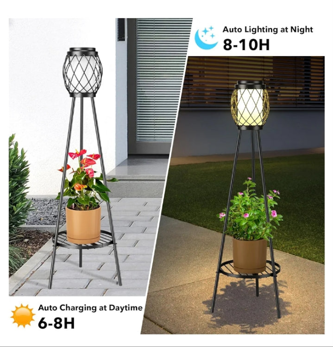 Solar Lights Outdoor Street Lights with Plant Stands 2 Pack, Solar Floor Lamp Metal Tripod Patio Lights for Garden Yard Pathway Driveway Front/Back Porch Decoration