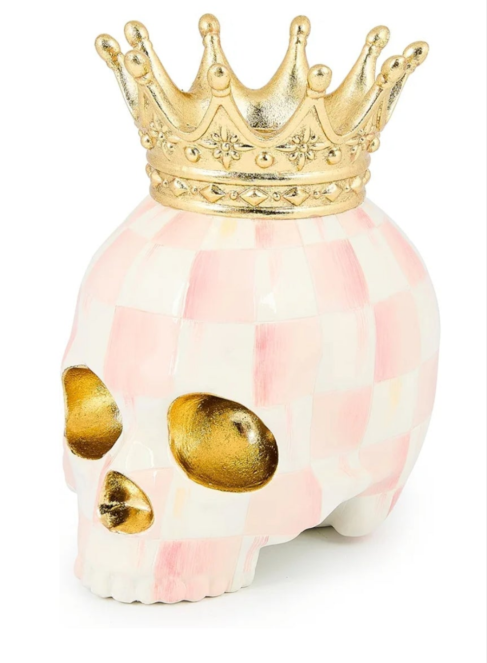 Crowned Skull, Resin Halloween Home Decor, Pink-and-White Rosy Check
